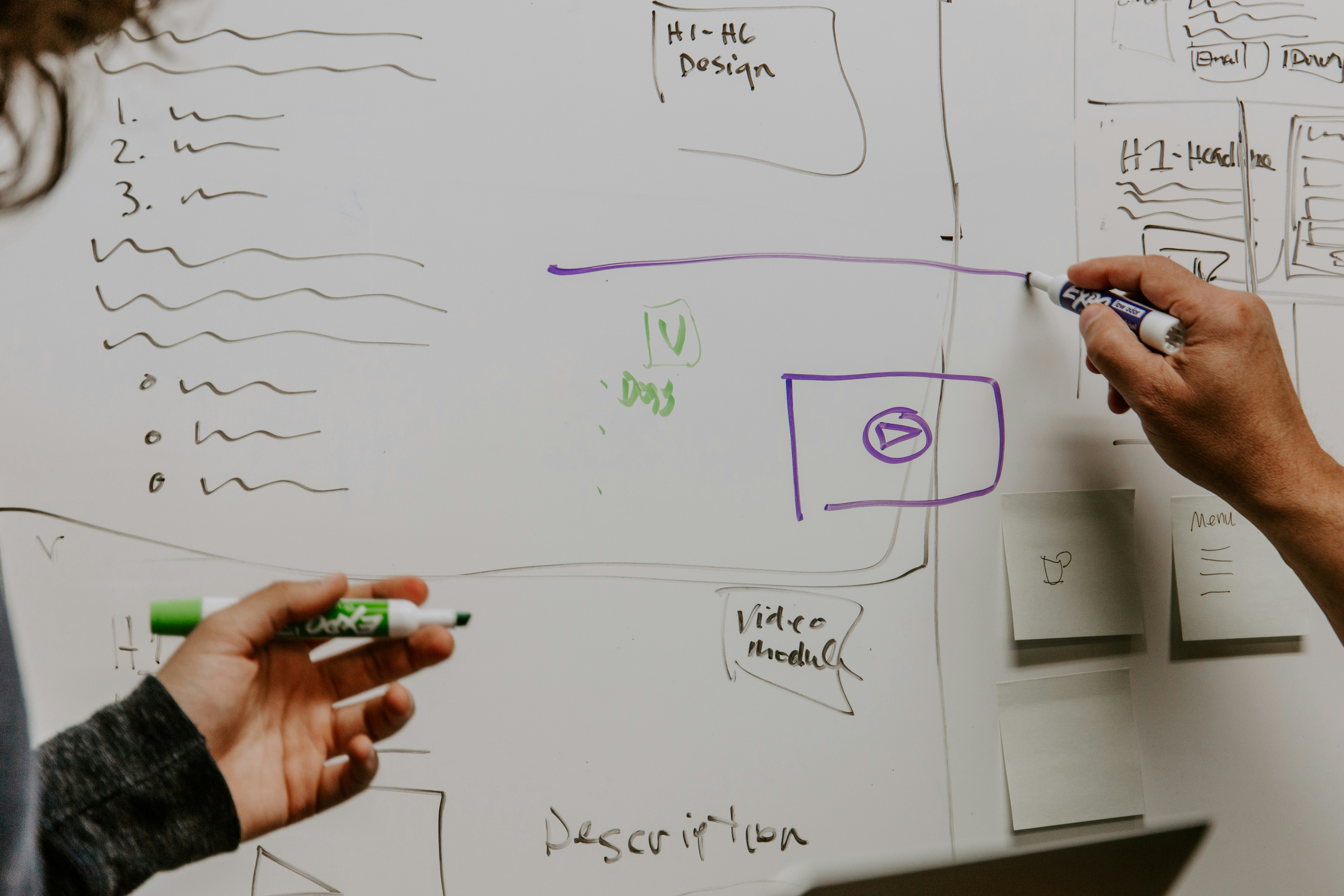 Two team members sketching enterprise system architecture and UI wireframes on a whiteboard during a project planning session