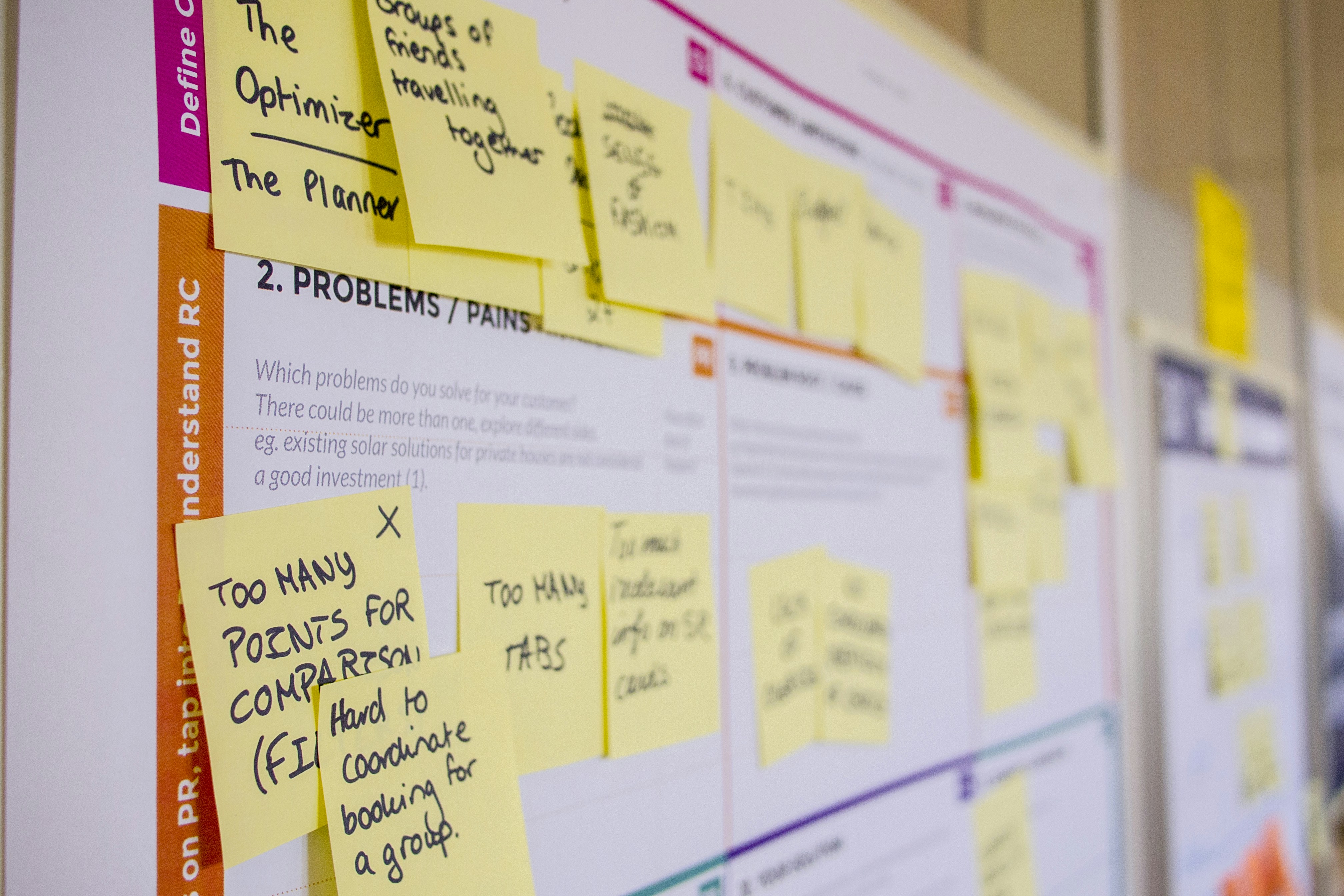 Requirements planning board covered in sticky notes mapping out enterprise software problems, user stories, and priorities