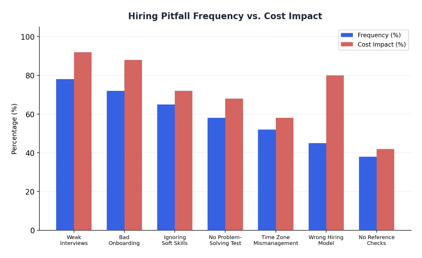 Hiring Pitfall Frequency vs Cost Impact bar chart showing weak interviews 78% frequency 92% cost impact, bad onboarding 72% frequency 88% cost impact, and other pitfalls