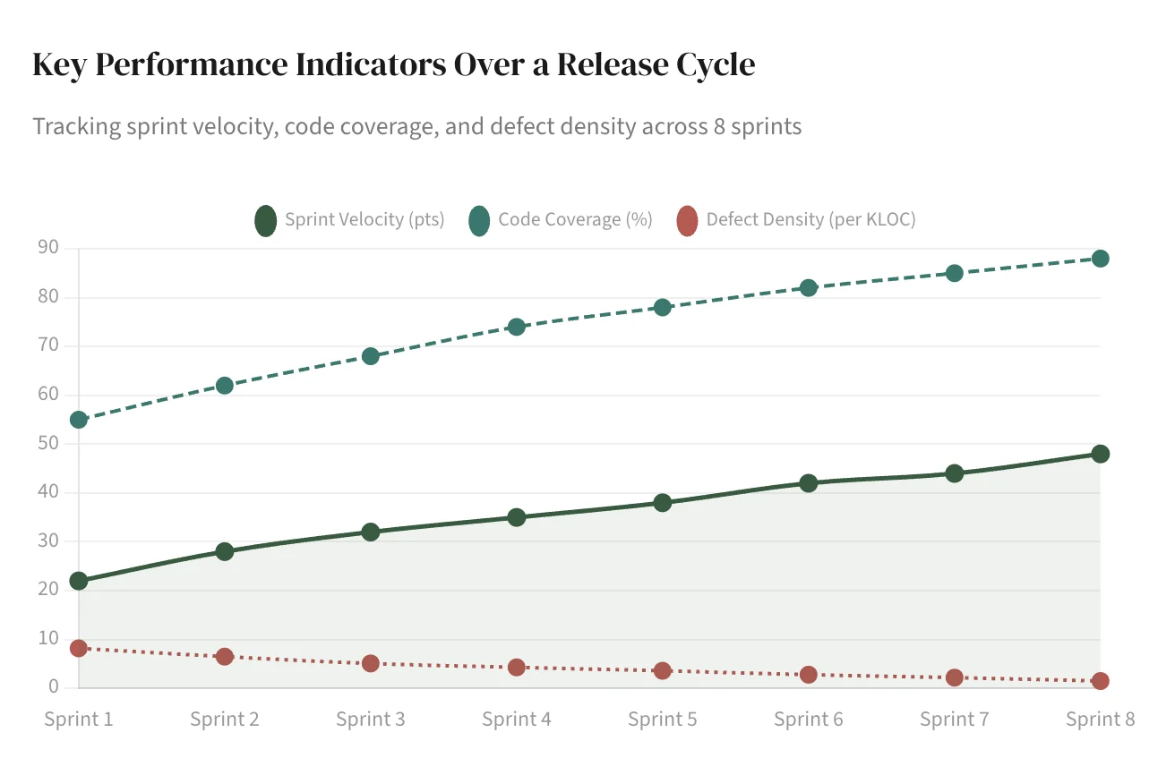 Line chart showing key performance indicators over a release cycle across 8 sprints: sprint velocity in points increasing steadily, code coverage percentage rising from 55 to 88 percent, and defect density per KLOC decreasing from 8 to 1