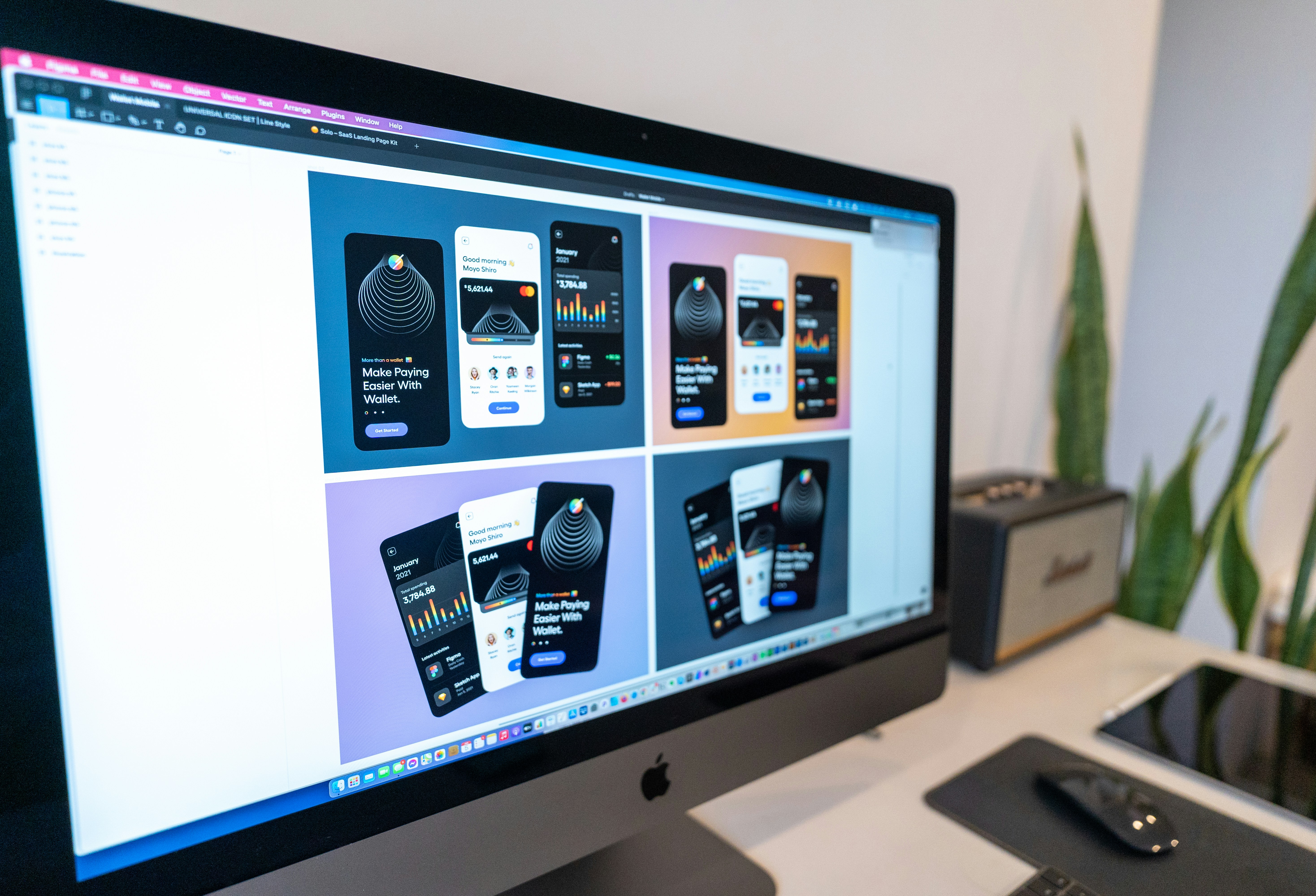 Mobile app UI design system displayed in Figma on iMac screen