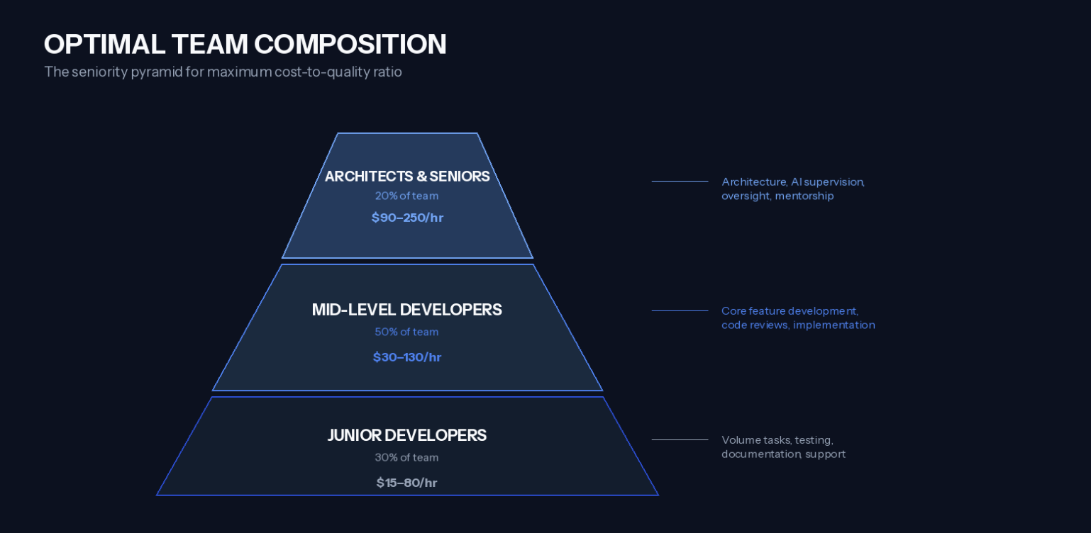 Optimal team composition pyramid for maximum cost-to-quality ratio: Architects and Seniors 20% for architecture and AI supervision, Mid-Level Developers 50% for core feature development, Junior Developers 30% for volume tasks and testing