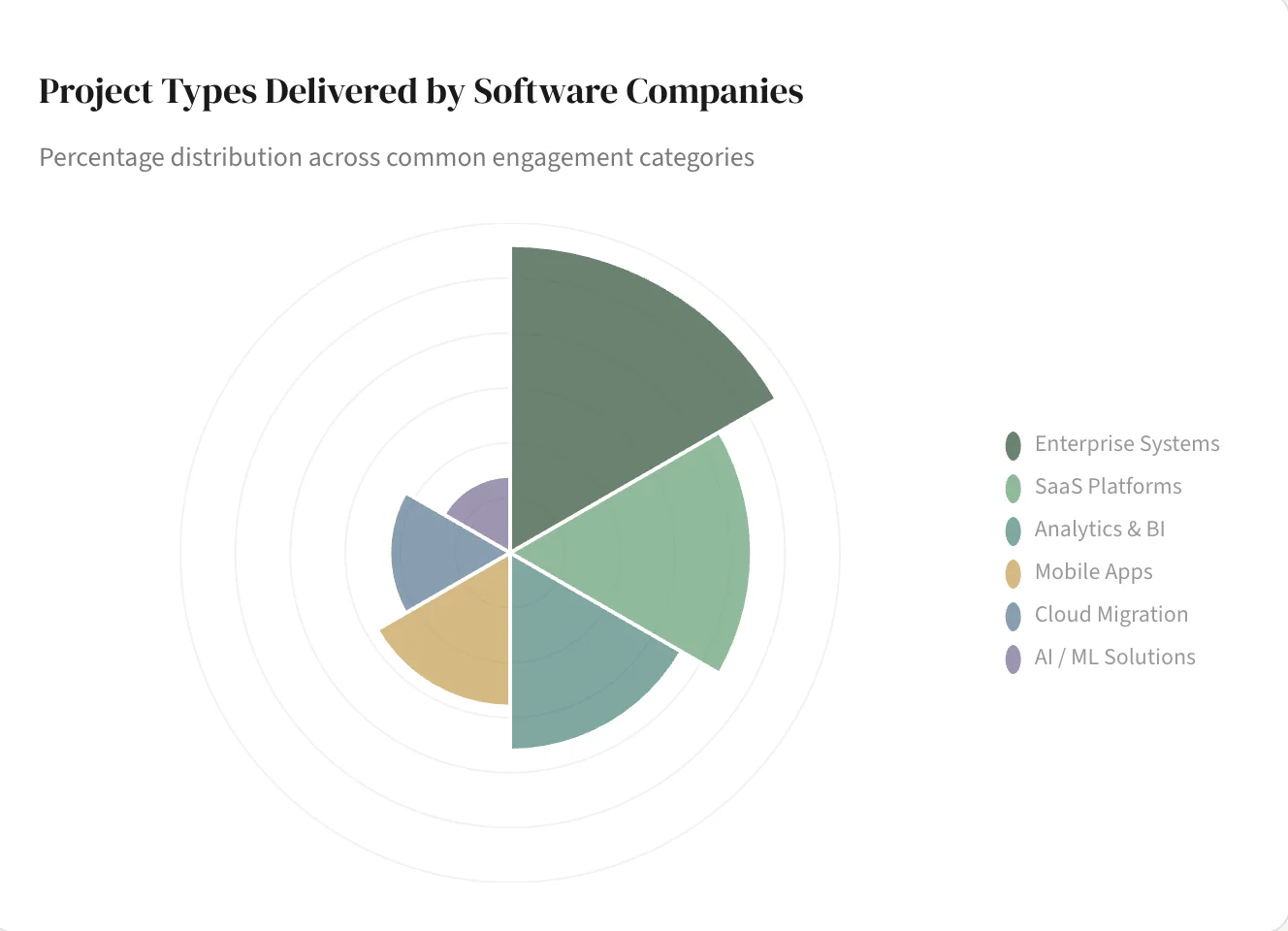 Polar area chart showing project types delivered by software companies: Enterprise Systems, SaaS Platforms, Analytics and BI, Mobile Apps, Cloud Migration, and AI ML Solutions with percentage distribution