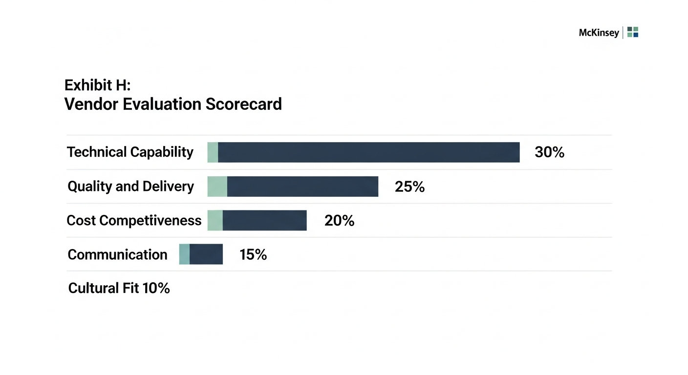 Exhibit H: Vendor Evaluation Scorecard showing weighted scoring across Technical Capability 30%, Quality and Delivery 25%, Cost Competitiveness 20%, Communication 15%, and Cultural Fit 10%